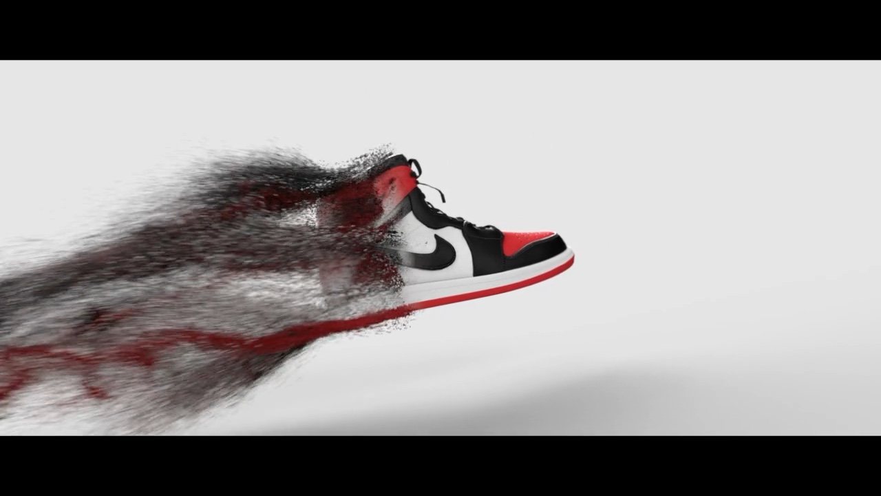 Red, black and white Air Jordan 1 whose rear half dissolves into a dark stream of particles
