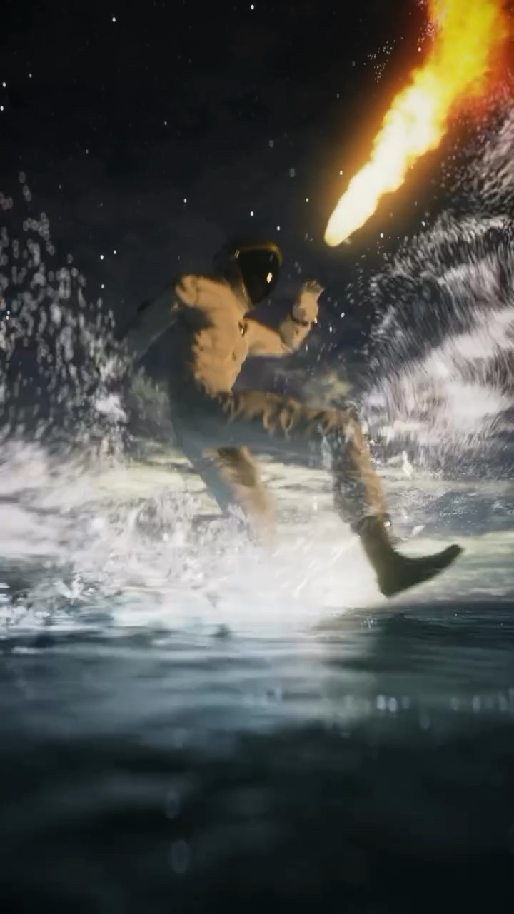 Astronaut leaping through splashing water, a fireball in the dark sky behind