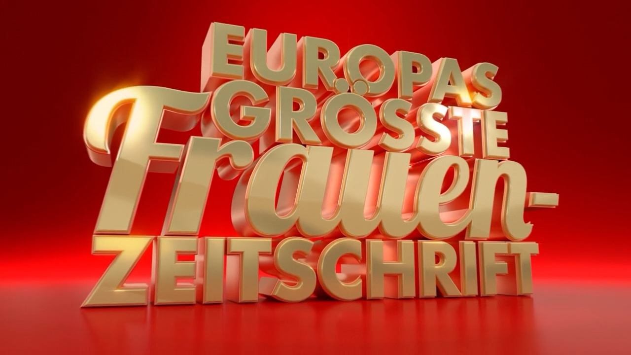 Golden 3D lettering “Europas größte Frauenzeitschrift” on a red background