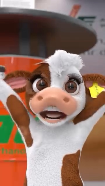 3D mascot Desi, a young brown and white cow with big eyes and a yellow ear tag, talking to the camera