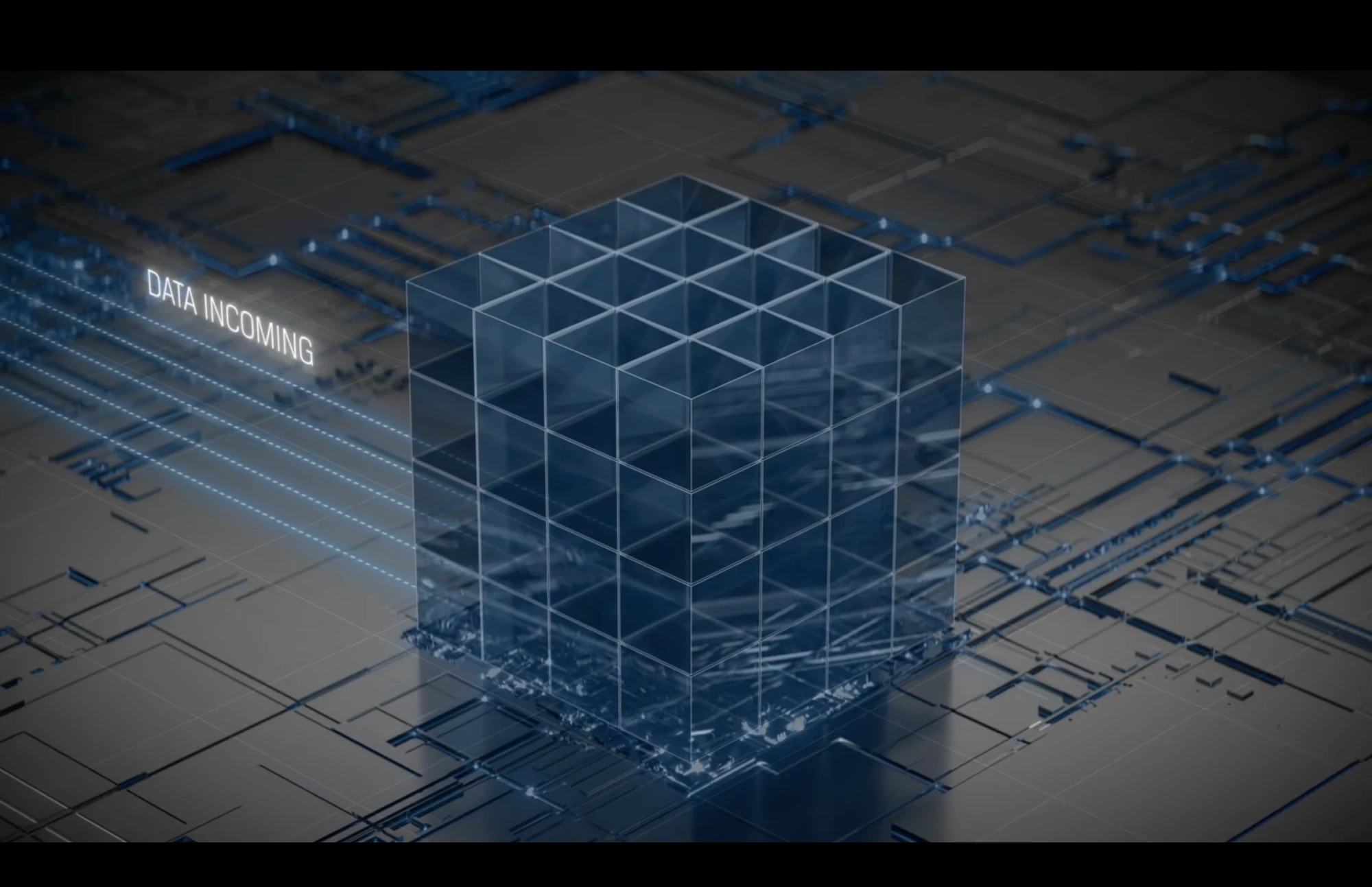Transparent gridded glass cube on a circuit-board-like surface with glowing text "Data Incoming", CGI product film for SDI CORE